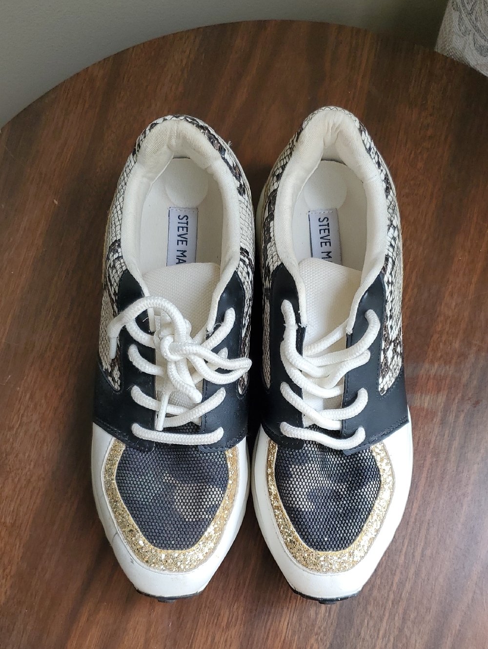 Steve Madden Boomer Black, White, And Gold Sneakers